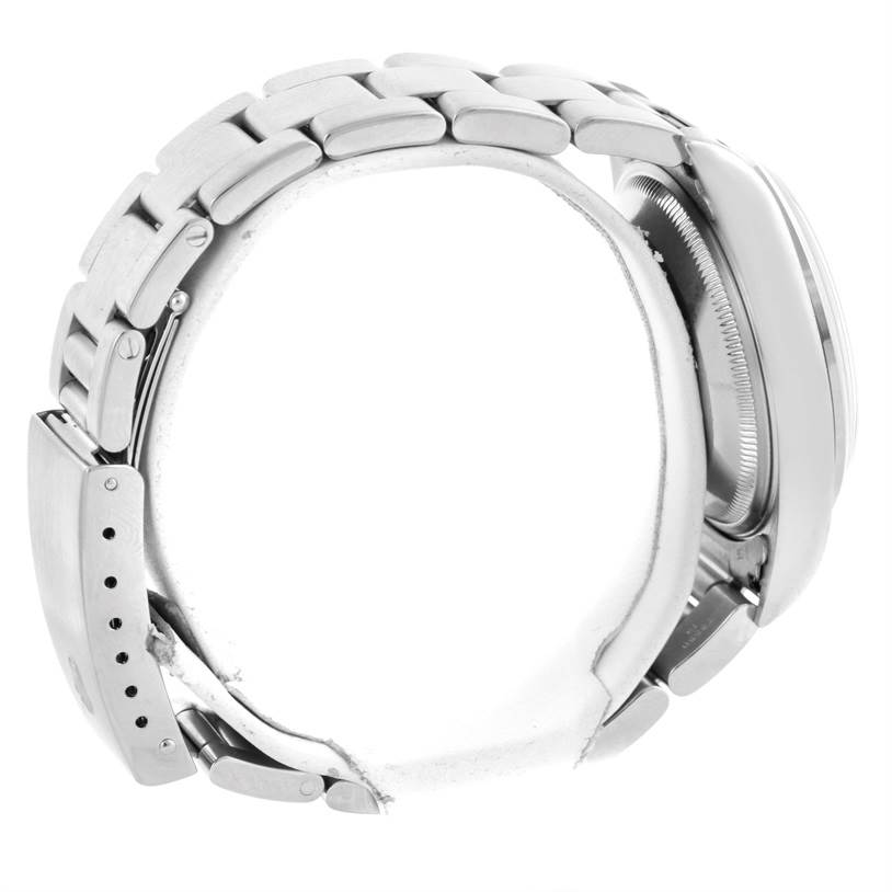 This image shows a side angle of a Rolex Date 15200 Men's Stainless Steel Pink Dial 15200 Men's Stainless Steel Pink Dial model watch, focusing on the bracelet and clasp.