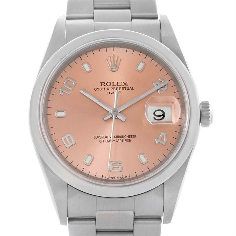 This is a front view of a Rolex Date 15200 Men's Stainless Steel Pink Dial 15200 Men's Stainless Steel Pink Dial model watch showing the dial, hands, date window, crown, and bracelet.