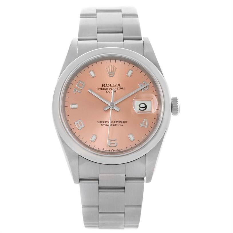The image shows a Rolex Date 15200 Men's Stainless Steel Pink Dial 15200 Men's Stainless Steel Pink Dial model wristwatch from a front angle, displaying its face, case, crown, and bracelet.