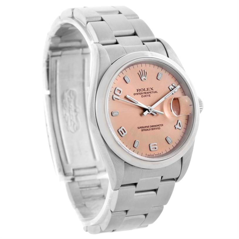 This image shows a Rolex Date 15200 Men's Stainless Steel Pink Dial 15200 Men's Stainless Steel Pink Dial model watch at a slight angle, showcasing the face, bracelet, and bezel.