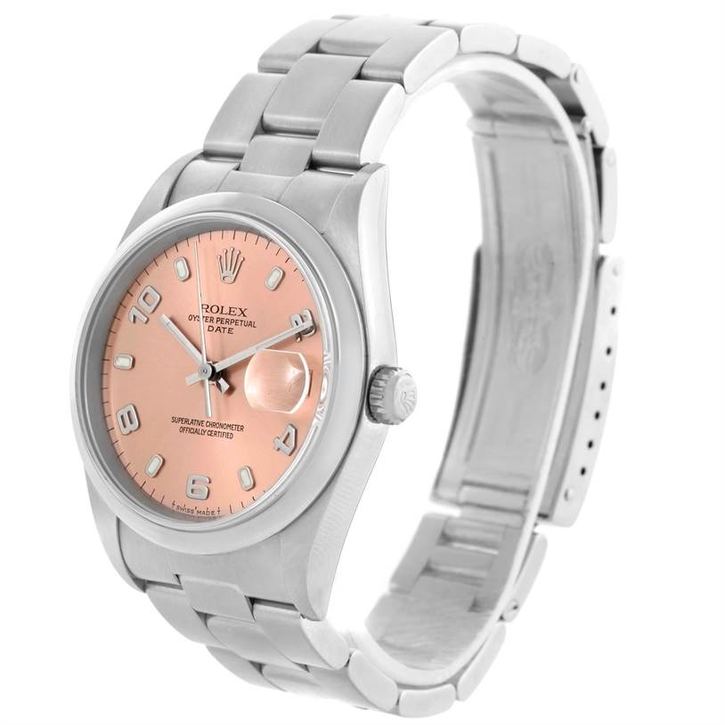 The image shows a right-side angle view of a Rolex Date 15200 Men's Stainless Steel Pink Dial 15200 Men's Stainless Steel Pink Dial model watch, featuring its dial, bracelet, and clasp.