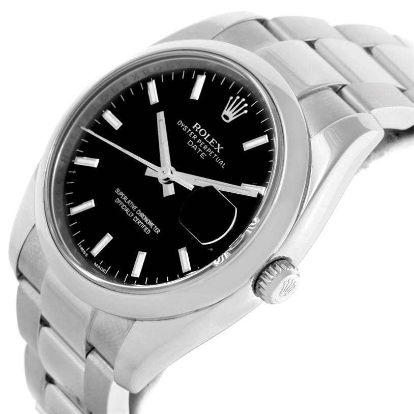 This image shows a Rolex Date 115200 Men's Stainless Steel Black Dial 115200 Men's Stainless Steel Black Dial model watch at an oblique angle, highlighting the face, crown, and bracelet.