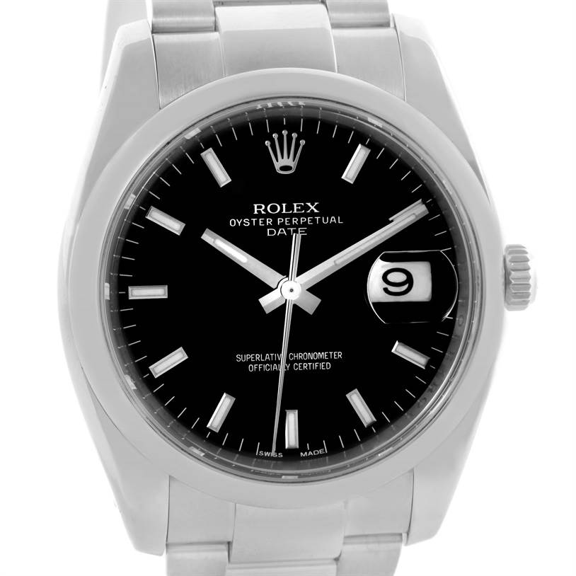 This image shows a front view of the Rolex Date 115200 Men's Stainless Steel Black Dial 115200 Men's Stainless Steel Black Dial model watch, displaying the dial, hands, date window, and part of the band.