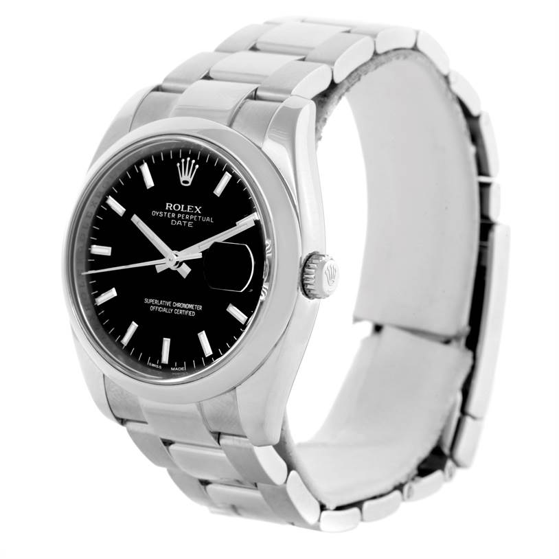 This image shows a Rolex Oyster Perpetual Date model watch from a front-side angle, highlighting the dial, bezel, and bracelet.