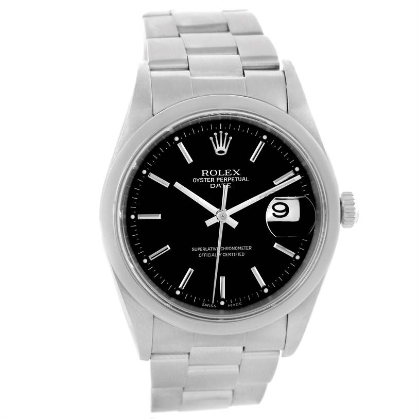 The image shows a front view of a Rolex Date 15200 Men's Stainless Steel Black Dial 15200 Men's Stainless Steel Black Dial model watch, highlighting its black dial, bracelet, and date magnifier.