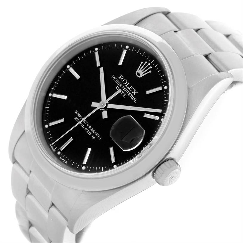 The image shows a Rolex Date 15200 Men's Stainless Steel Black Dial 15200 Men's Stainless Steel Black Dial model watch at an angle, displaying the black dial, crown, bracelet, and magnified date window.