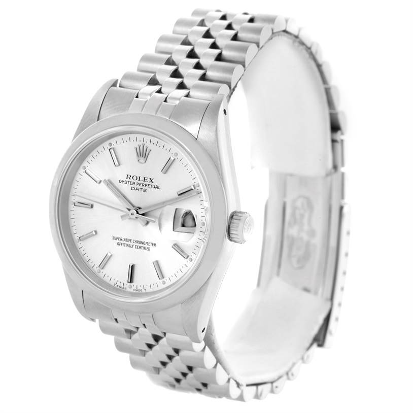 The image shows a Rolex Date 15200 Men's Stainless Steel Silver Dial 15200 Men's Stainless Steel Silver Dial model watch at a three-quarter angle, featuring the dial, bezel, crown, and bracelet.