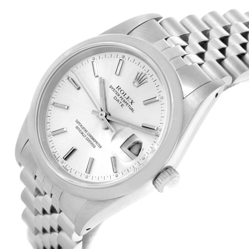 The image shows a close-up, angled view of the Rolex Date 15200 Men's Stainless Steel Silver Dial 15200 Men's Stainless Steel Silver Dial model, highlighting the dial, bezel, crown, and jubilee bracelet.