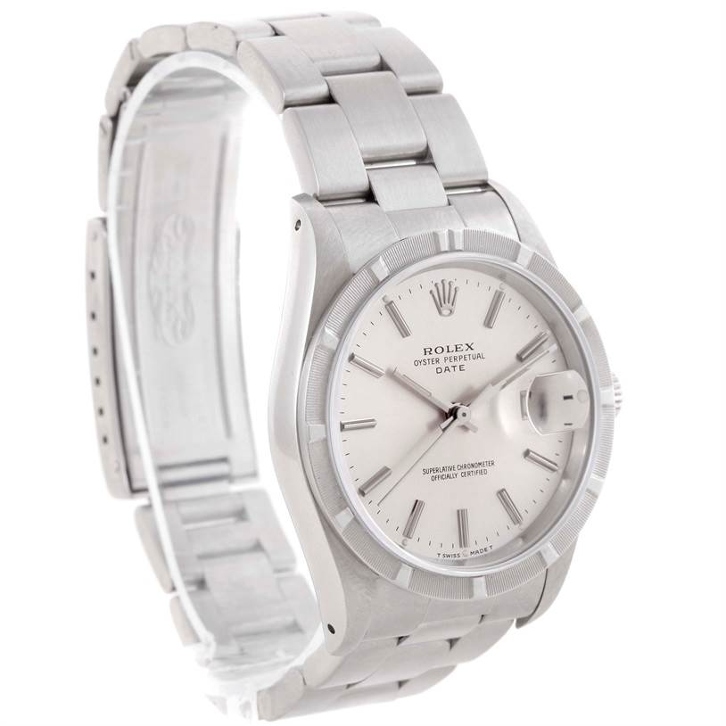 The image shows a Rolex Date 15210 Men's Stainless Steel Silver Dial 15210 Men's Stainless Steel Silver Dial model watch at a slight angle, displaying its dial, bezel, and bracelet.