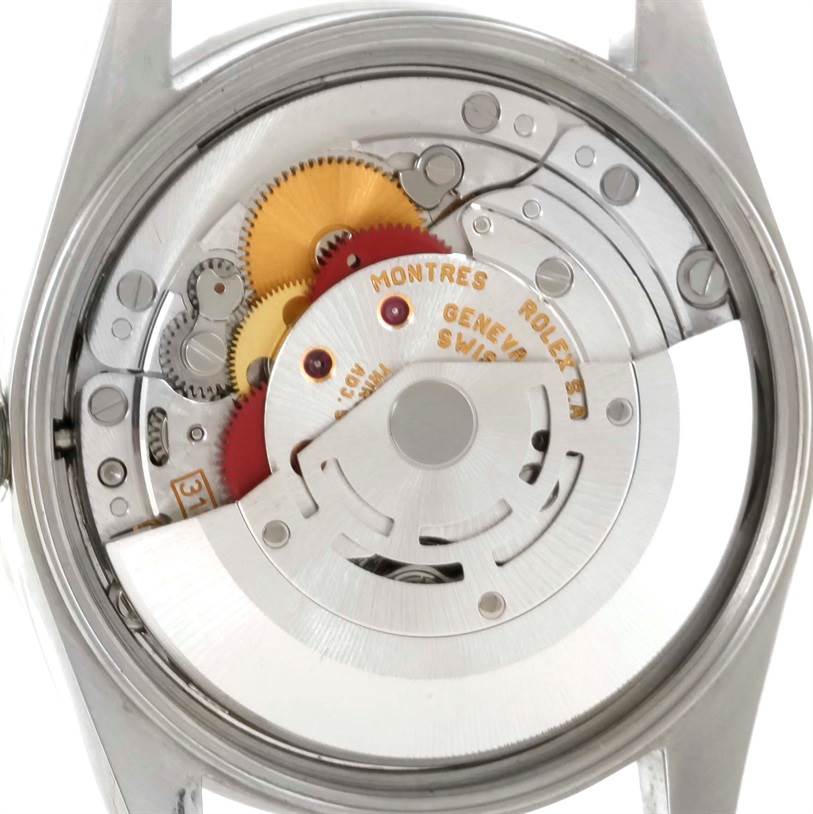 The image shows the internal movement mechanism of a Rolex Date 15210 Men's Stainless Steel Silver Dial 15210 Men's Stainless Steel Silver Dial model watch from a top-down angle.