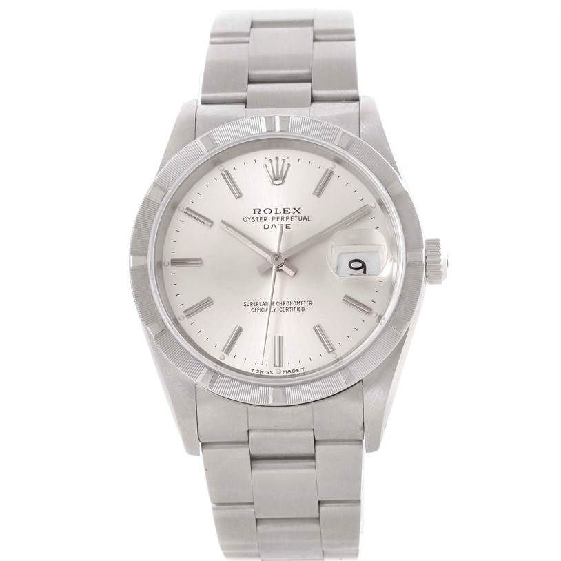 The image shows a front view of the Rolex Oyster Perpetual Date model watch, highlighting its dial, bezel, and bracelet.