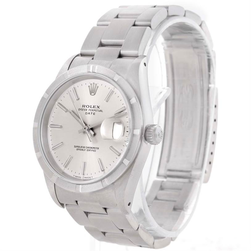 The image shows a front angle view of the Rolex Date 15210 Men's Stainless Steel Silver Dial 15210 Men's Stainless Steel Silver Dial model, highlighting the face, bezel, crown, and bracelet.
