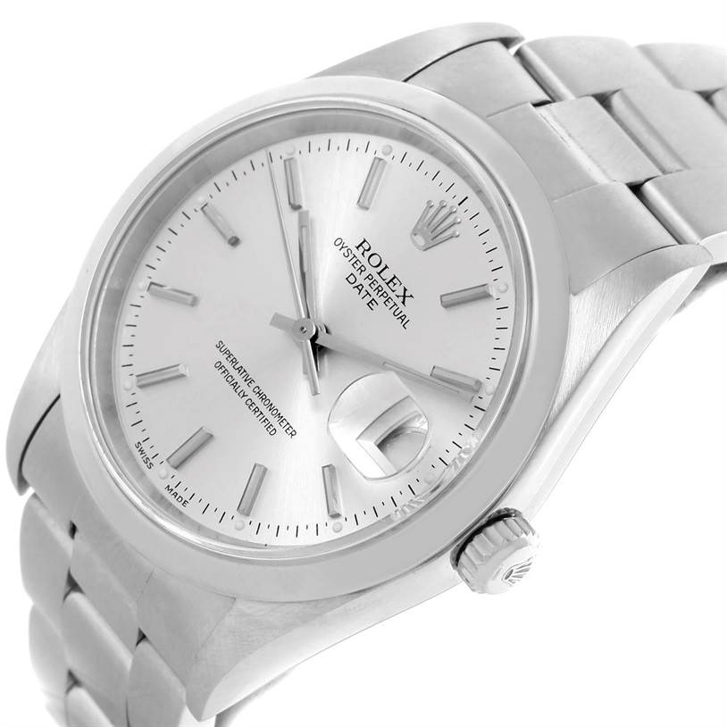 This image shows a Rolex Date 15200 Men's Stainless Steel Silver Dial 15200 Men's Stainless Steel Silver Dial model watch from an angled view, highlighting its face, dial, and part of the bracelet.