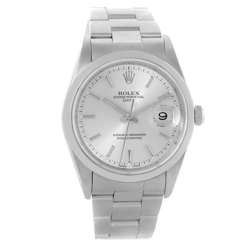 The image displays a front-angle view of a Rolex Oyster Perpetual Date watch, showing its dial, bezel, case, and bracelet.