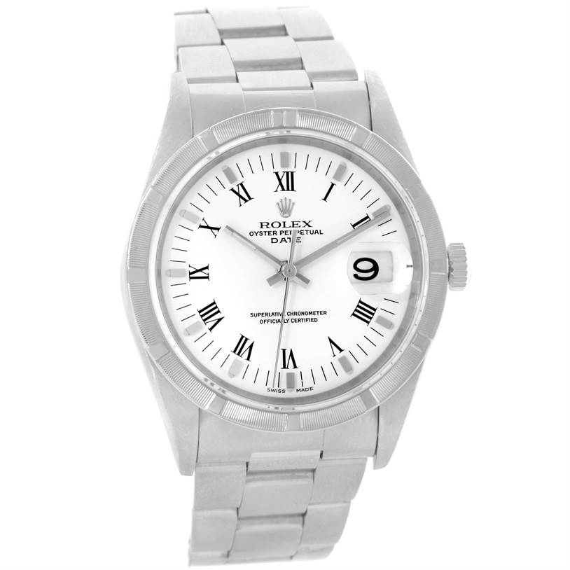 The image shows a frontal view of a Rolex Date 15210 Men's Stainless Steel White Dial 15210 Men's Stainless Steel White Dial model watch, featuring the dial, bracelet, crown, and date window.