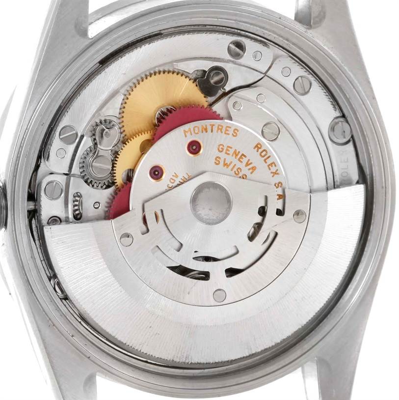This image shows the movement and internal mechanisms of a Rolex Date 15210 Men's Stainless Steel White Dial 15210 Men's Stainless Steel White Dial model watch from a back case angle.
