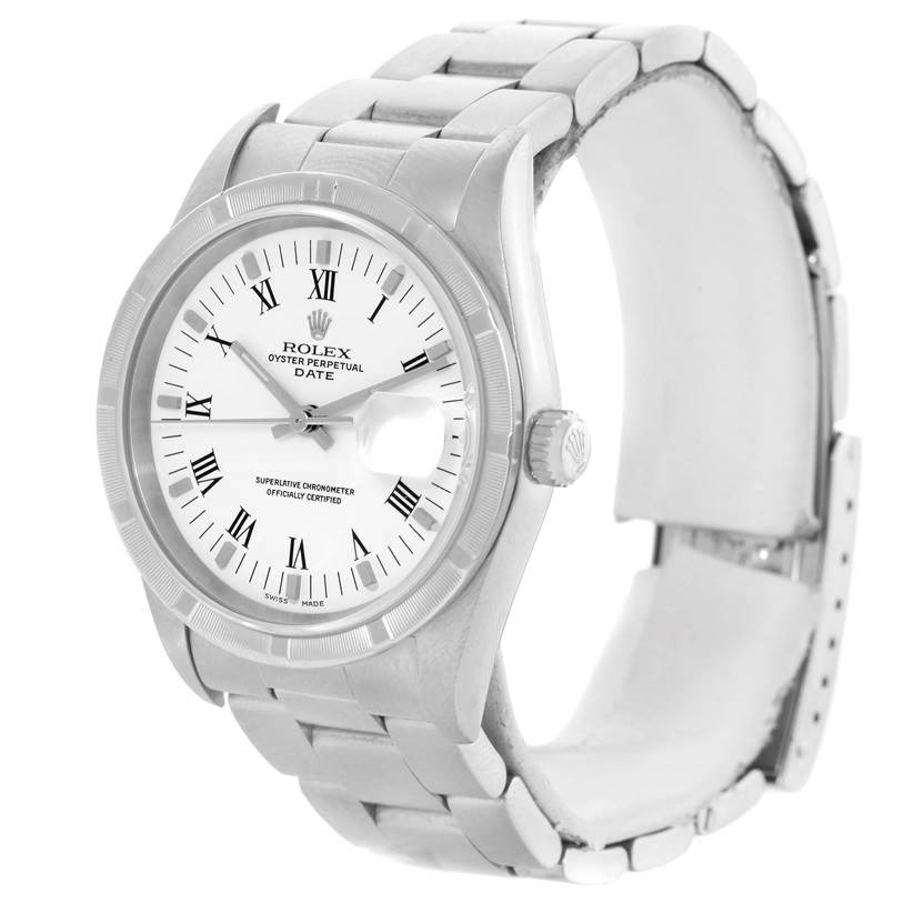 The image shows a Rolex Date 15210 Men's Stainless Steel White Dial 15210 Men's Stainless Steel White Dial model watch from a front right-angle view, displaying the dial, bezel, crown, and bracelet.