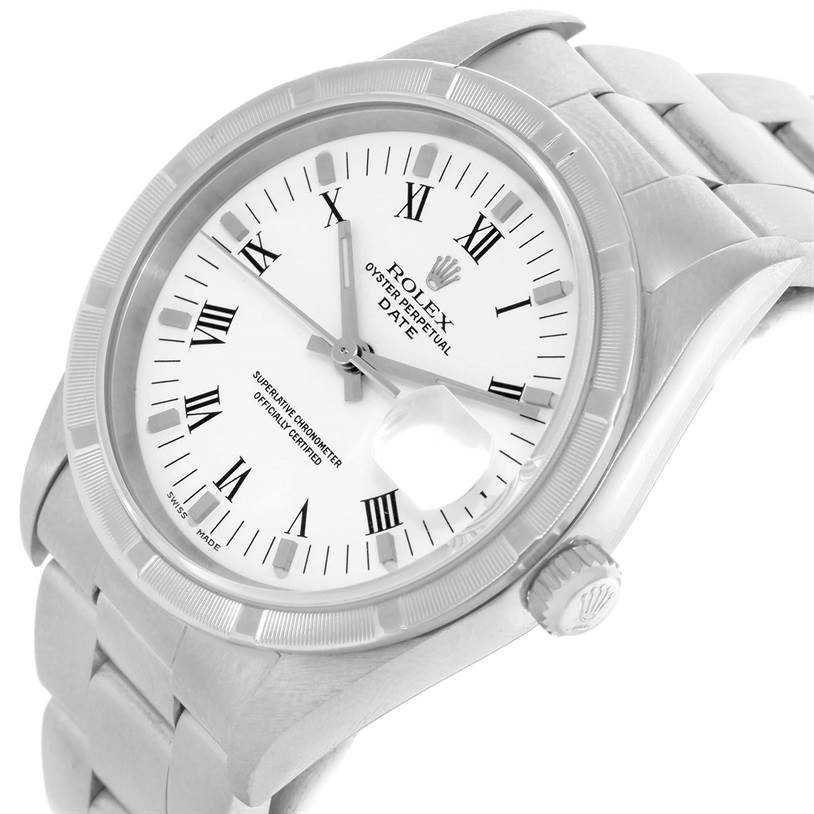 The image shows a Rolex Date 15210 Men's Stainless Steel White Dial 15210 Men's Stainless Steel White Dial model watch at an angled side view, highlighting the dial, bezel, case, and part of the bracelet.