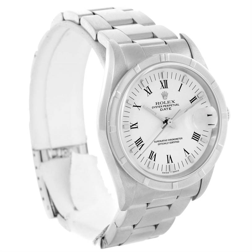 The image shows a Rolex Date 15210 Men's Stainless Steel White Dial 15210 Men's Stainless Steel White Dial model watch from a front angle, highlighting its dial, bezel, and bracelet.