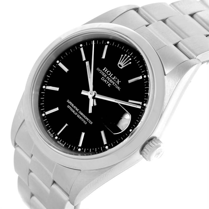 The image shows a Rolex Date 15200 Men's Stainless Steel Black Dial 15200 Men's Stainless Steel Black Dial model watch at a slight angle, highlighting the face, bezel, bracelet, and crown.