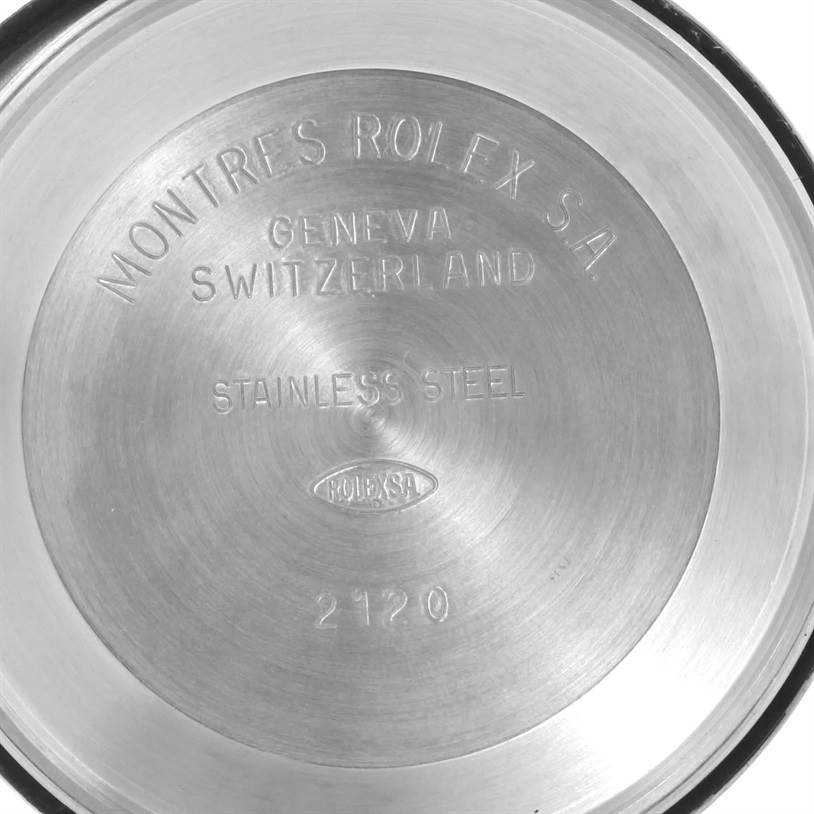 This image shows the inner case back of a Rolex Date 15200 Men's Stainless Steel Black Dial 15200 Men's Stainless Steel Black Dial model, inscribed with "Montres Rolex S.A. Geneva Switzerland Stainless Steel 2120."