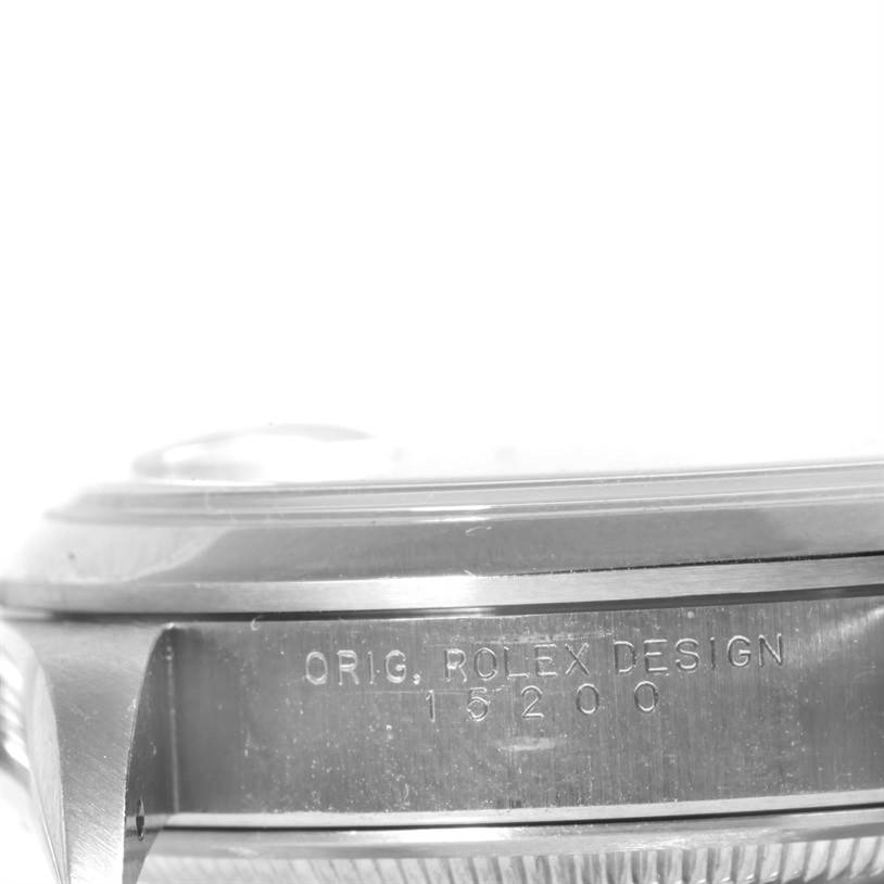 This image shows a side view of the Rolex Date 15200 Men's Stainless Steel Black Dial 15200 Men's Stainless Steel Black Dial model, displaying the case and serial number "ORIG. ROLEX DESIGN 15200."