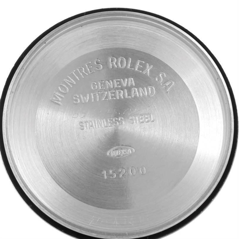 This image shows the inside of the case back for a Rolex Date 15200 Men's Stainless Steel White Dial 15200 Men's Stainless Steel White Dial model watch, marked with "Montres Rolex S.A. Geneva Switzerland" and "15200".