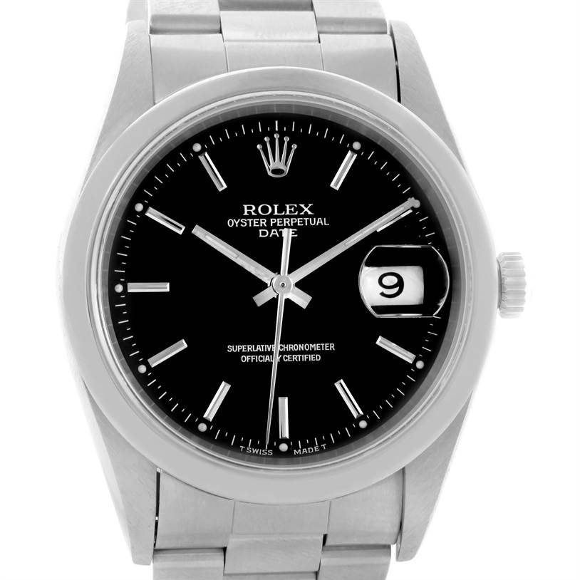 The image shows a front close-up of a Rolex Date 15200 Men's Stainless Steel Black Dial 15200 Men's Stainless Steel Black Dial model watch, highlighting the dial, date window, and bracelet.