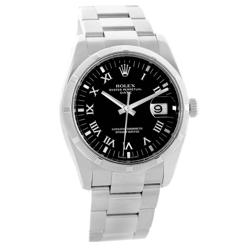 This Rolex Date 115200 Men's Stainless Steel Black Dial 115200 Men's Stainless Steel Black Dial model watch is shown from a front angle, showcasing its dial, bezel, crown, and bracelet.
