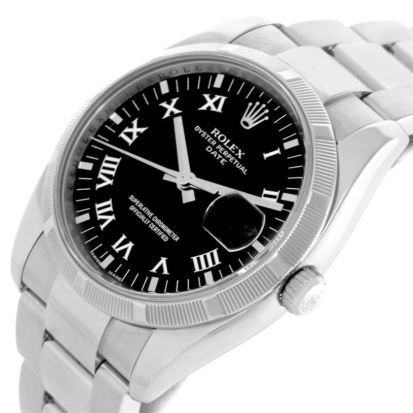 This is a close-up angled view of a Rolex Oyster Perpetual Date watch, showing the face, bezel, crown, and part of the bracelet.