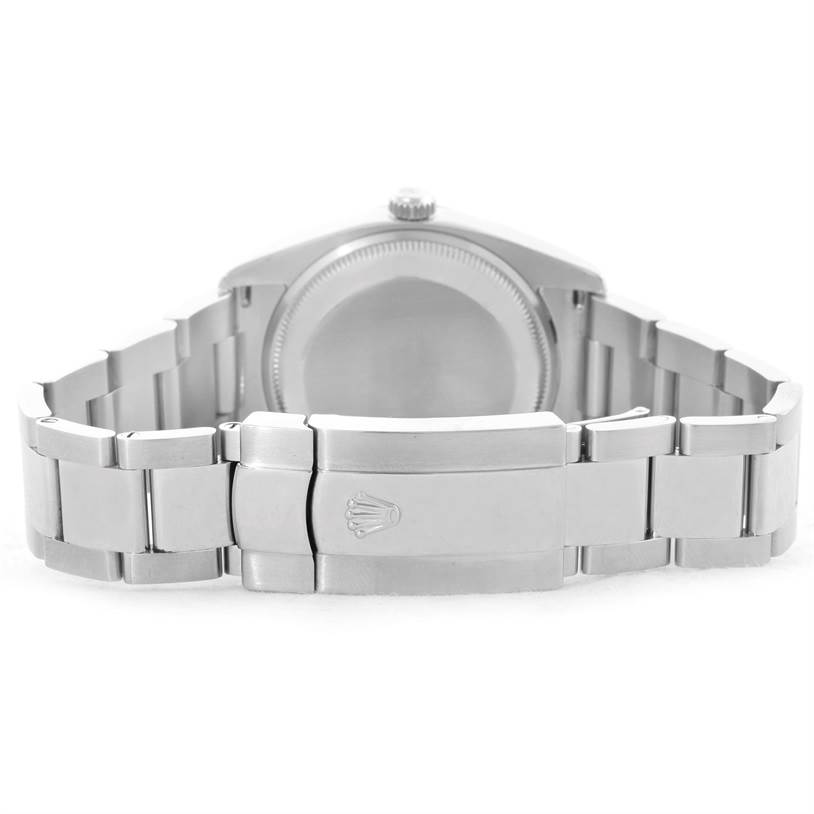 This image shows the back case and clasp of a Rolex Date 115200 Men's Stainless Steel Black Dial 115200 Men's Stainless Steel Black Dial model watch, viewed from the bottom angle.