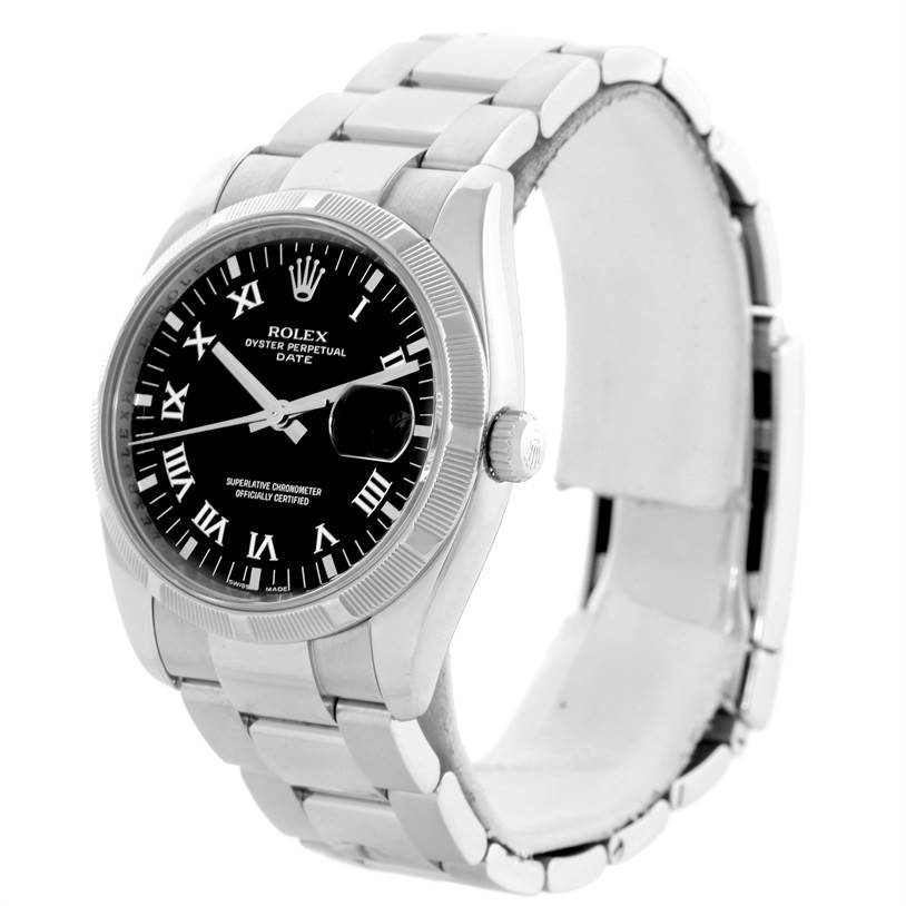 This image shows the front view of a Rolex Date 115200 Men's Stainless Steel Black Dial 115200 Men's Stainless Steel Black Dial model watch including the face, case, crown, and bracelet.