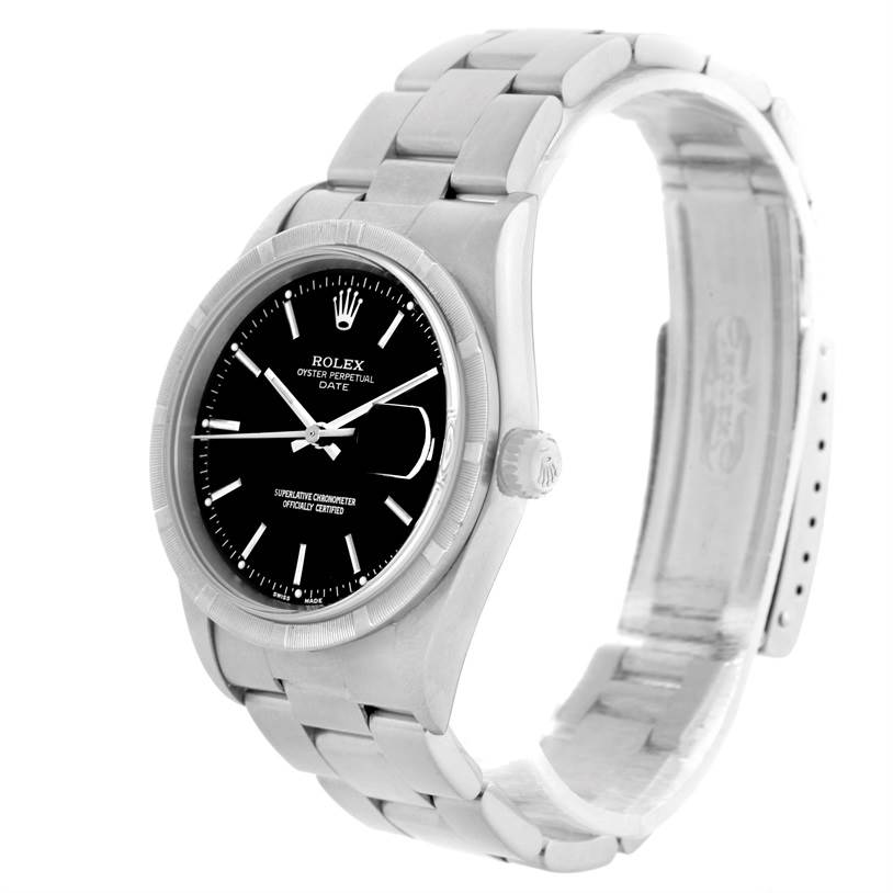 This image shows a side angle of a Rolex Date 15210 Men's Stainless Steel Black Dial 15210 Men's Stainless Steel Black Dial watch, highlighting its face, crown, and part of the bracelet.