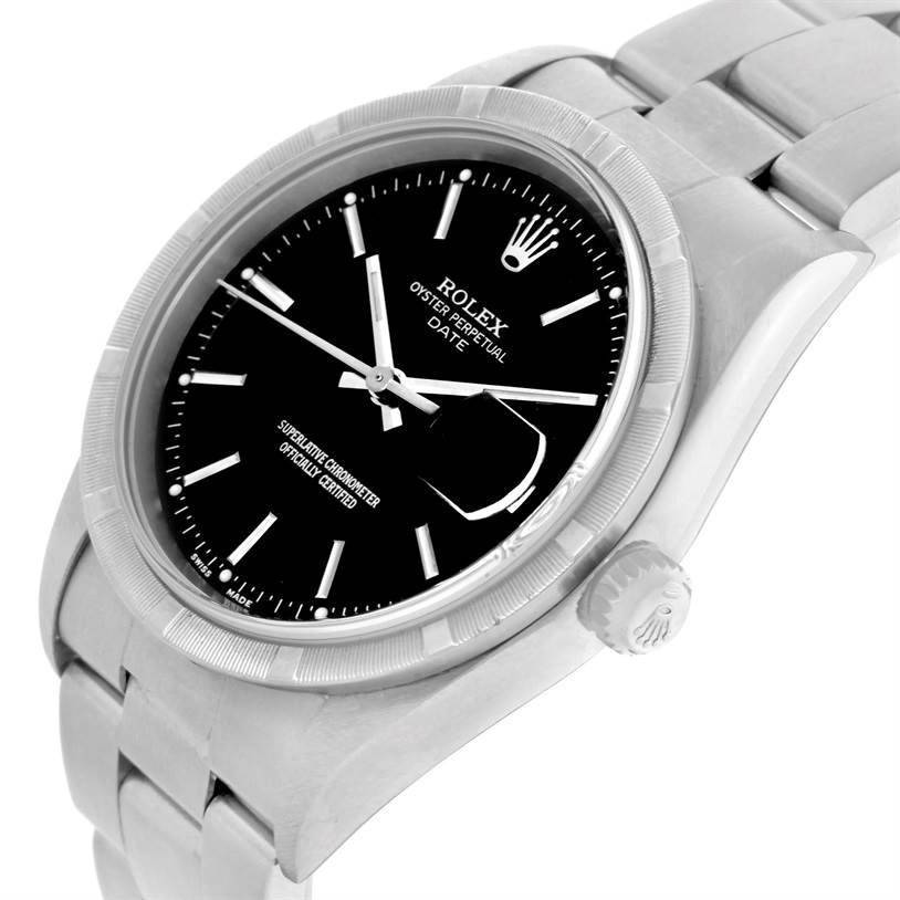 The Rolex Date 15210 Men's Stainless Steel Black Dial 15210 Men's Stainless Steel Black Dial model watch is shown from an angled view, highlighting its black dial, bracelet, and crown.