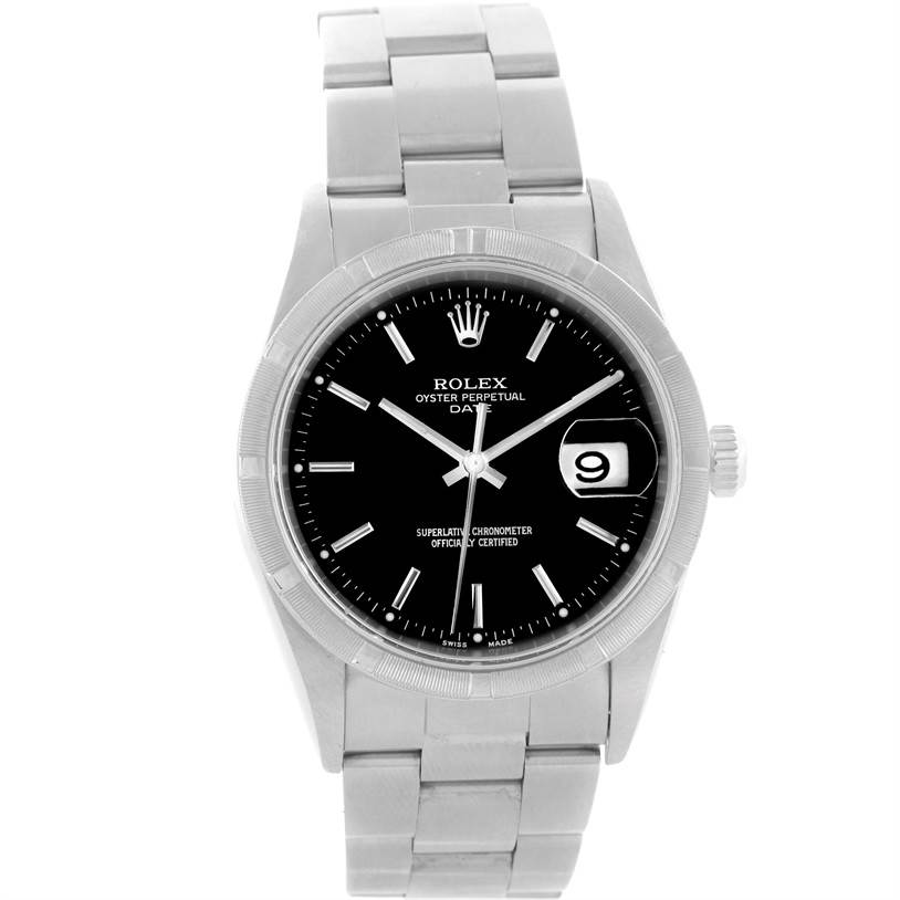 The Rolex Date 15210 Men's Stainless Steel Black Dial 15210 Men's Stainless Steel Black Dial model watch is shown from a front angle, displaying the dial, bezel, bracelet, and crown.