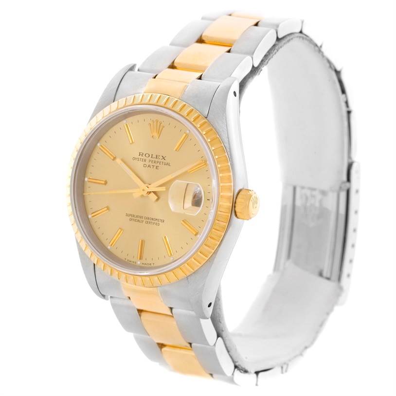 The Rolex Date 15223 Men's Steel and Gold (two tone) Champagne Dial 15223 Men's Steel and Gold (two tone) Champagne Dial watch is shown at a slight angle displaying the dial, bezel, case, crown, and part of the bracelet.