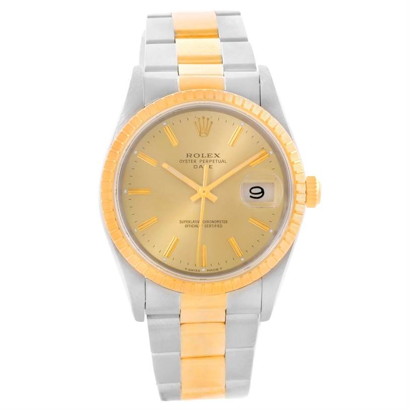 This image shows a front view of a Rolex Date 15223 Men's Steel and Gold (two tone) Champagne Dial 15223 Men's Steel and Gold (two tone) Champagne Dial model watch, featuring the dial, bezel, and bracelet.