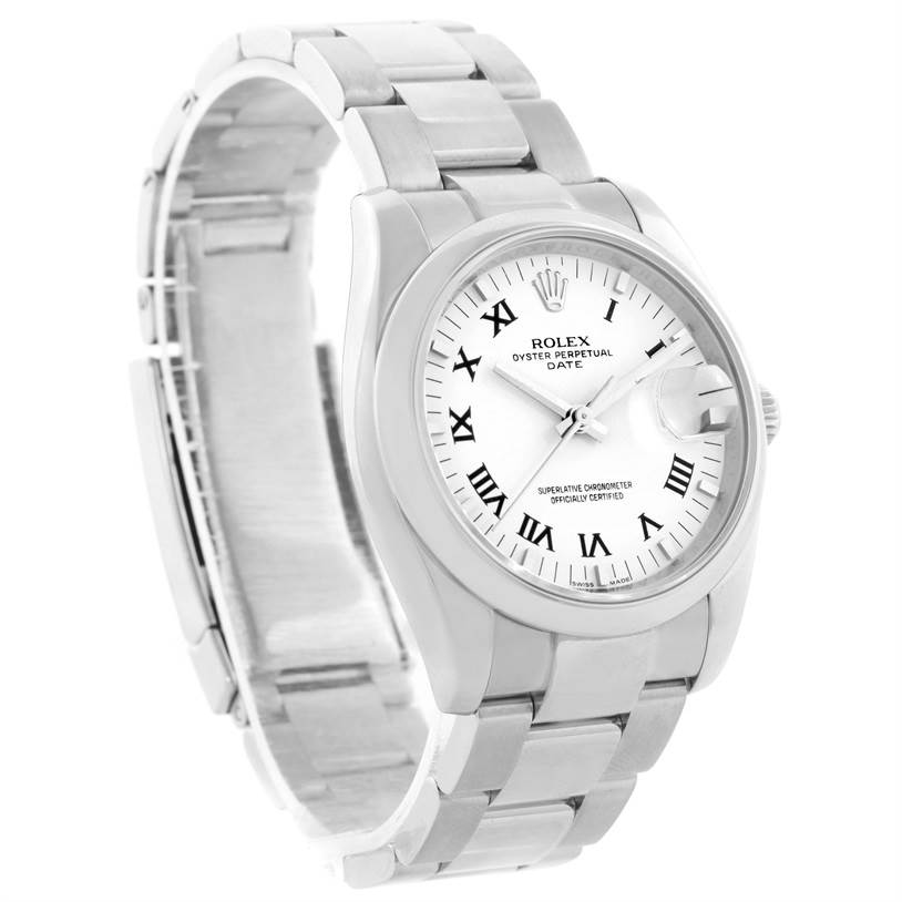 The Rolex Date 115200SRO Men's Stainless Steel White Dial 115200SRO Men's Stainless Steel White Dial model watch is shown at a three-quarter angle, highlighting the face, bezel, and bracelet.