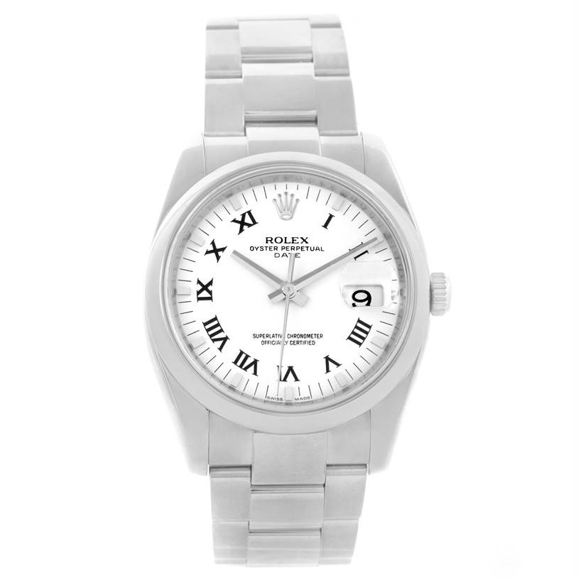 This image shows a front view of the Rolex Oyster Perpetual Date watch, displaying the dial, bezel, and bracelet.