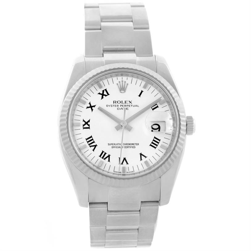 The image shows a front view of a Rolex Date 115234WRO Men's Stainless Steel White Dial 115234WRO Men's Stainless Steel White Dial model watch, displaying its white dial, bezel, and bracelet.