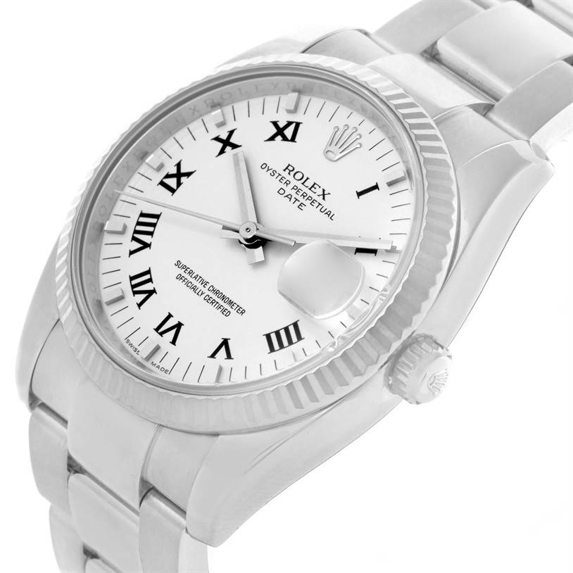 The Rolex Date 115234WRO Men's Stainless Steel White Dial 115234WRO Men's Stainless Steel White Dial model watch is shown at an angle displaying its face, bezel, crown, and part of the bracelet.