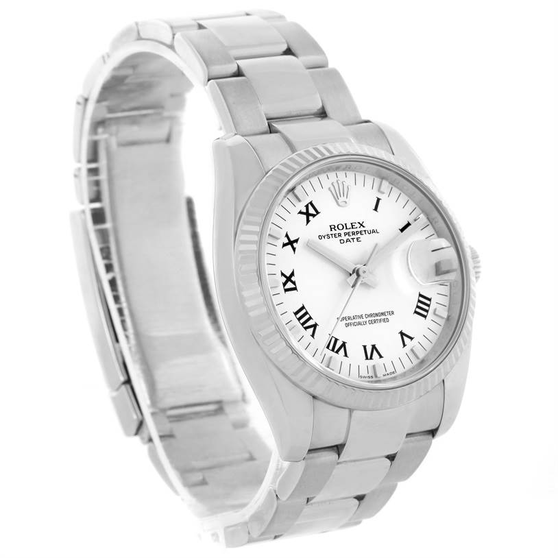 The image shows a Rolex Date 115234WRO Men's Stainless Steel White Dial 115234WRO Men's Stainless Steel White Dial model watch from an angled perspective, displaying the watch face, dial, and bracelet.