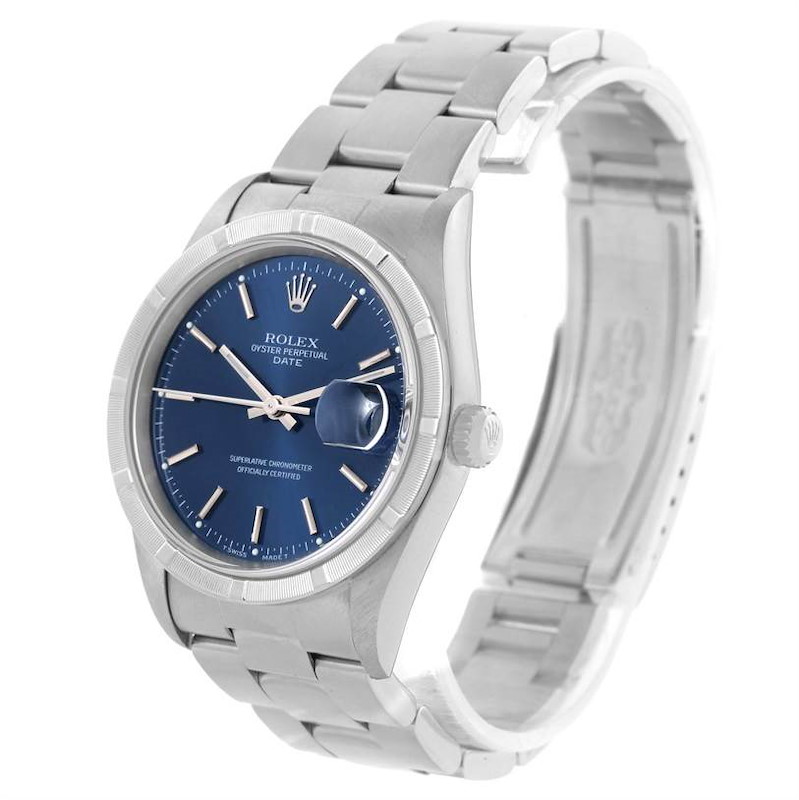 Rolex Date Stainless Steel Blue Baton Dial Mens Watch 15210 Box Papers SwissWatchExpo