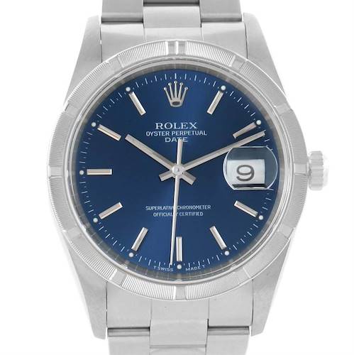 Photo of Rolex Date Stainless Steel Blue Baton Dial Mens Watch 15210 Box Papers