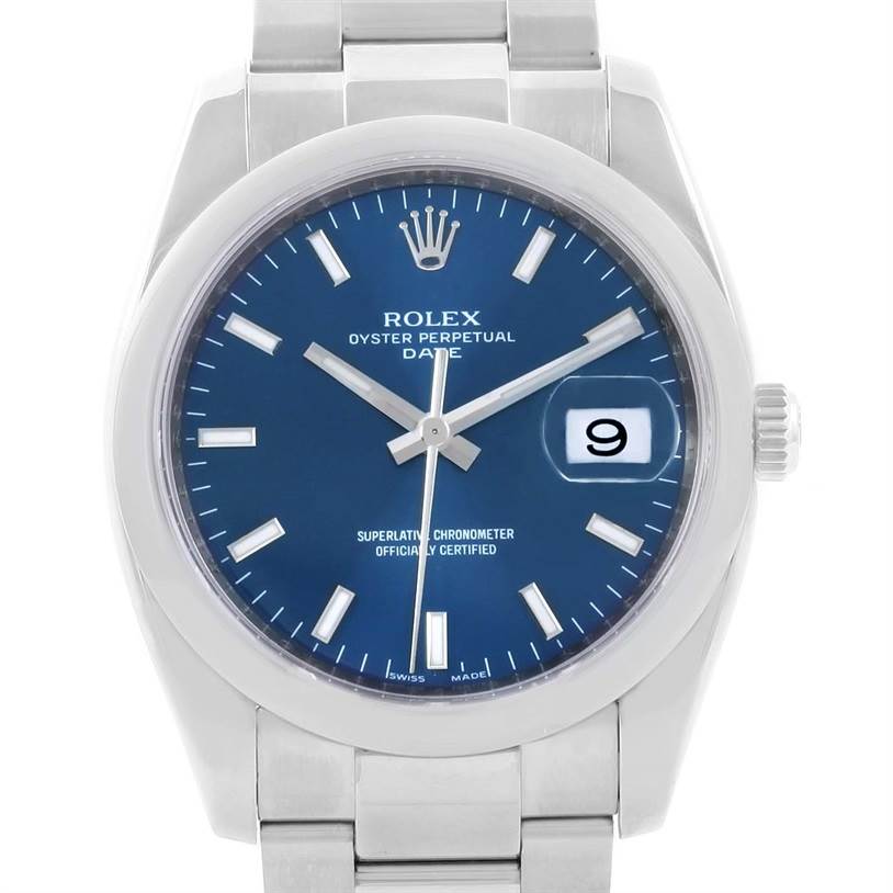 The image shows a front view of a Rolex Date 115200 Men's Stainless Steel Blue Dial 115200 Men's Stainless Steel Blue Dial model watch, highlighting its blue dial, date window, and stainless steel bracelet.