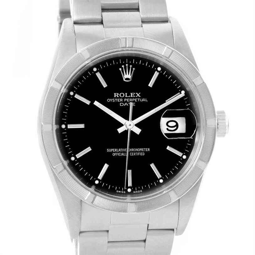 The image shows a front view of the Rolex Date 15210 Men's Stainless Steel Black Dial 15210 Men's Stainless Steel Black Dial model watch, highlighting its black dial, date window, and bracelet.