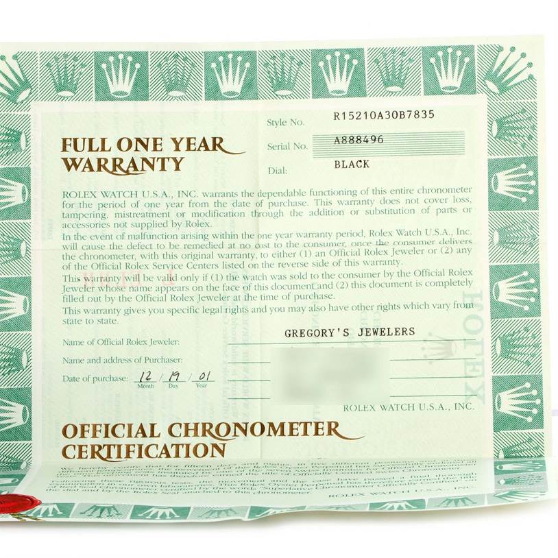 The image shows a full one-year warranty certificate for the Rolex Date 15210 Men's Stainless Steel Black Dial 15210 Men's Stainless Steel Black Dial model watch.