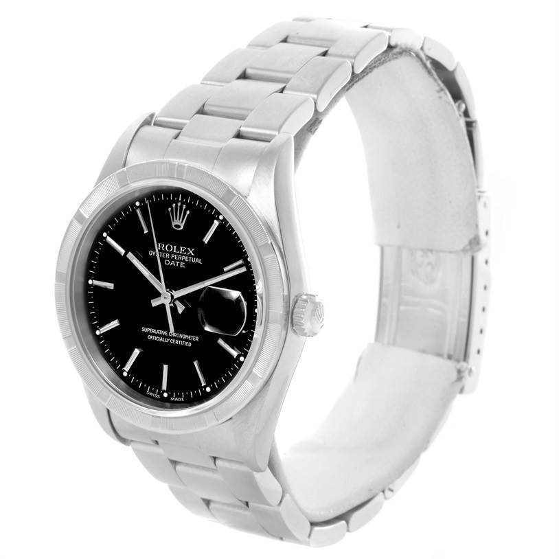 The image shows a Rolex Date 15210 Men's Stainless Steel Black Dial 15210 Men's Stainless Steel Black Dial model watch at an angle highlighting the face, bracelet, and crown.