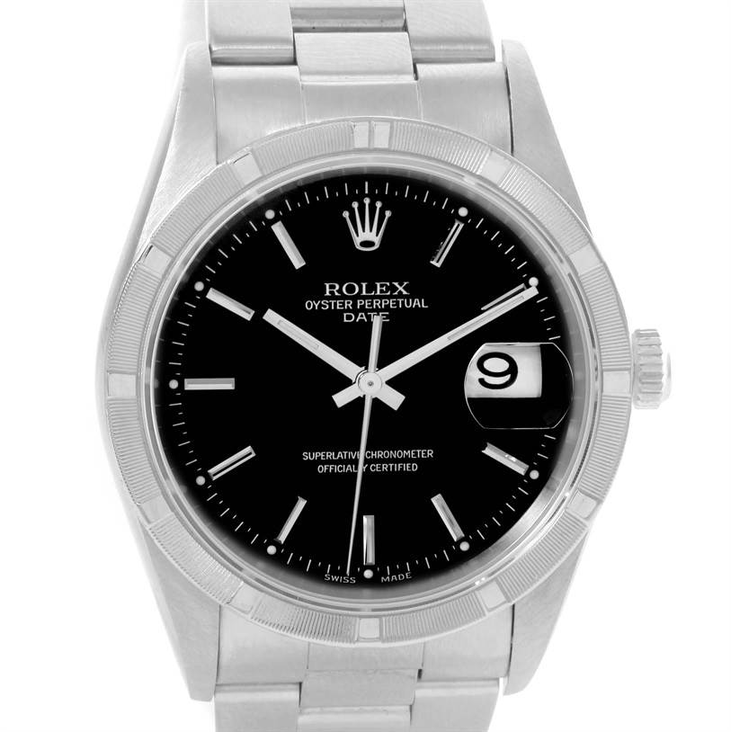 This image shows a frontal view of a Rolex Date 15210 Men's Stainless Steel Black Dial 15210 Men's Stainless Steel Black Dial watch, featuring its dial, bezel, and bracelet.