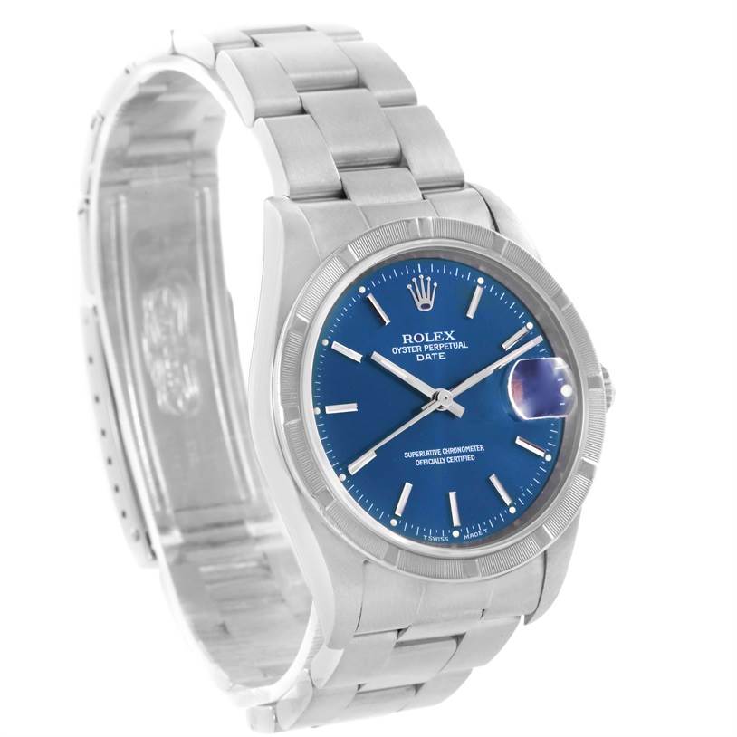 The Rolex Date 15210 Men's Stainless Steel Blue Dial 15210 Men's Stainless Steel Blue Dial model watch is shown at a slight angle, displaying the face, bracelet, and crown details.